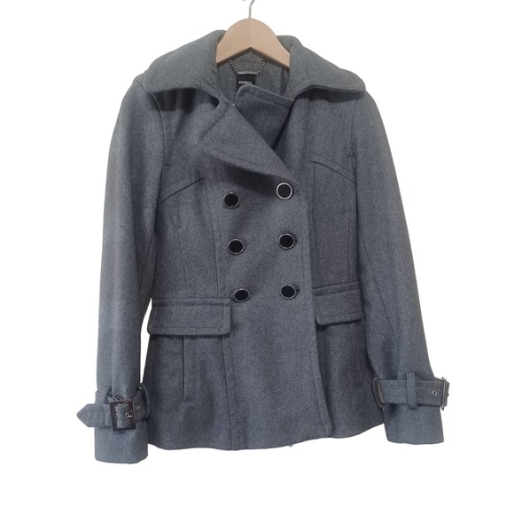 Express Grey Winter Wool button Pea  Coat Size Xs - Picture 2 of 9